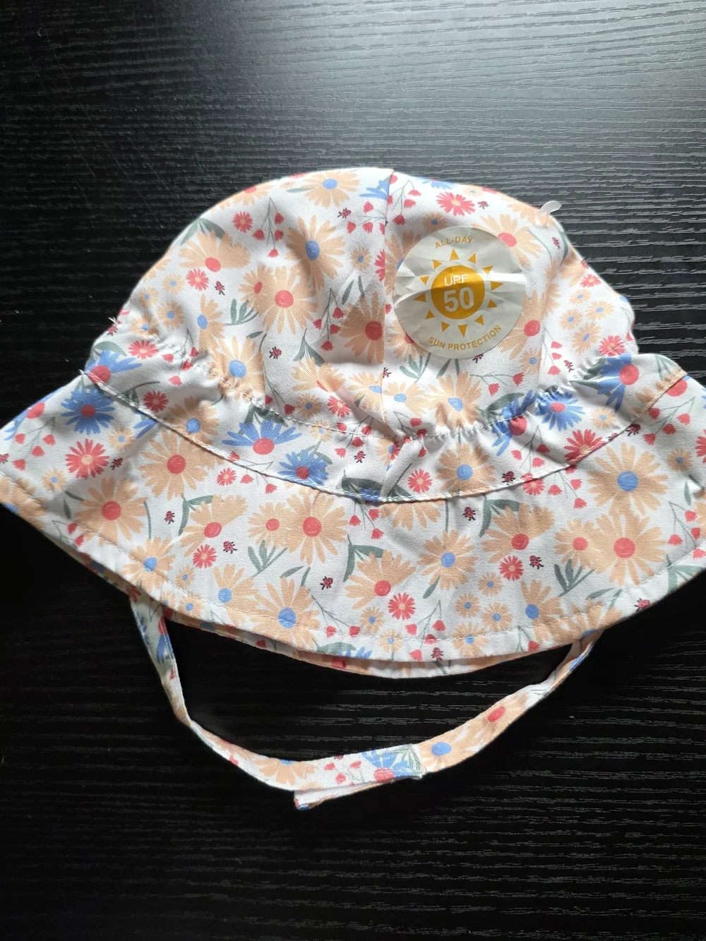 Girls Floral Bucket Sun Hat with Chin Strap - Peach Pink & Blue 12/18 months
